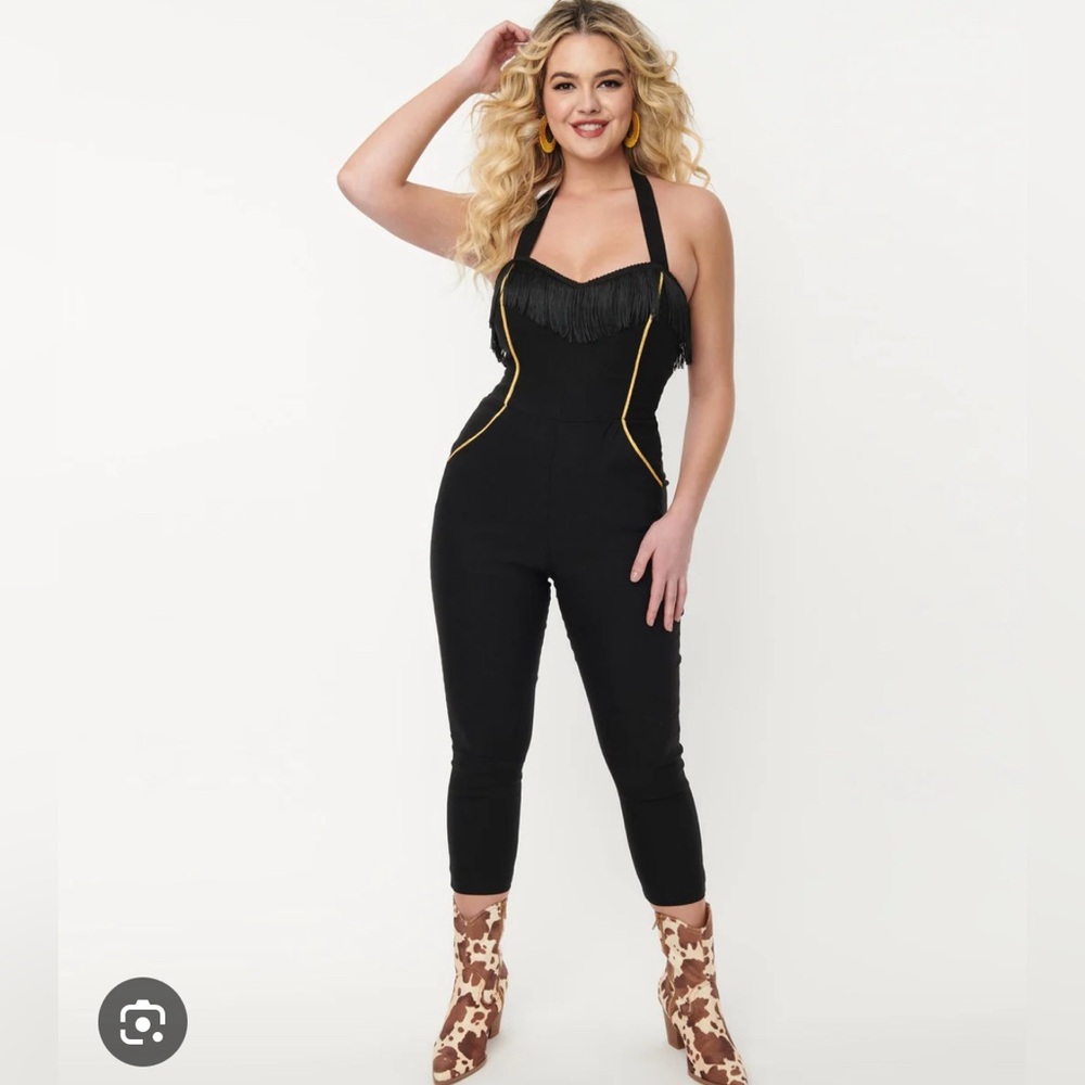 Unique Vintage Black & Gold Trim Maines Jumpsuit
